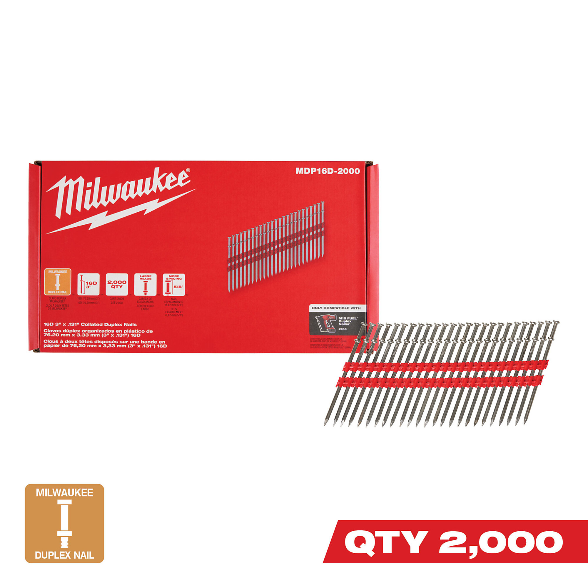 Milwaukee, Milwaukee 16D 3” x .131” Collated Duplex Nails, Pieces (qty.) 2000 Nail Size 3 in, Nail Angle 21 °, Model# MDP16D-2000